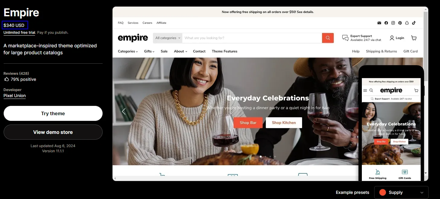 Shopify Empire Theme Pricing